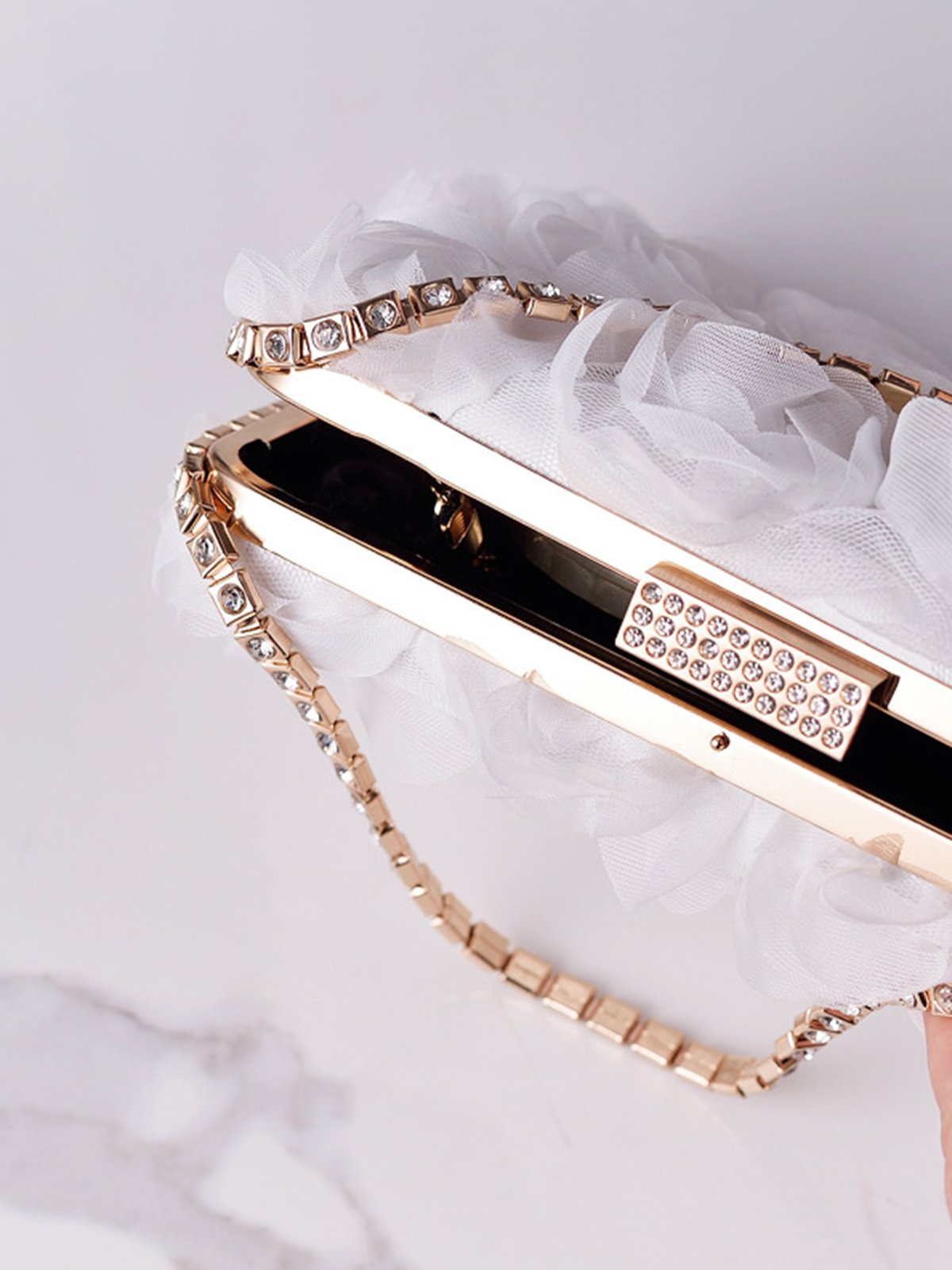 Elegant Mesh Rose Applique Clutch Bag with Rhinestone Handle