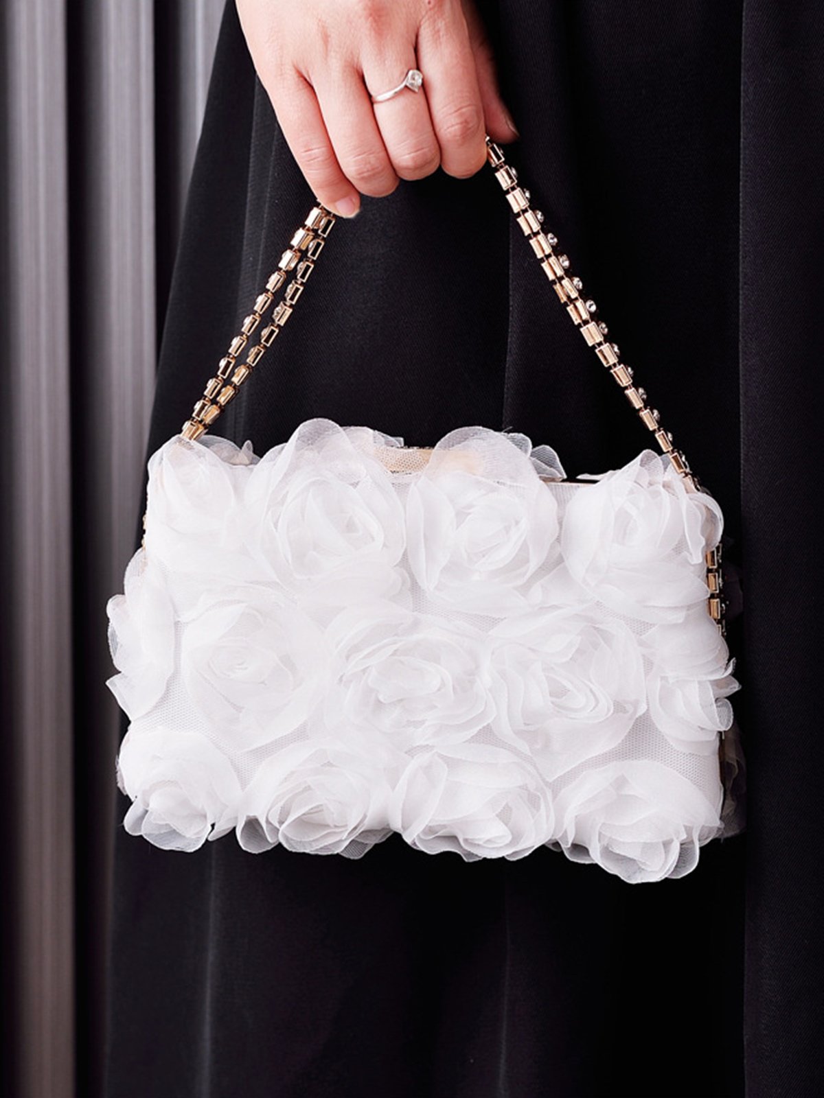 Elegant Mesh Rose Applique Clutch Bag with Rhinestone Handle