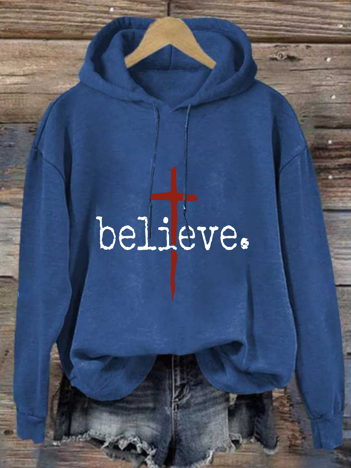 Cross Believe Loose Cotton-Blend Casual Hoodie