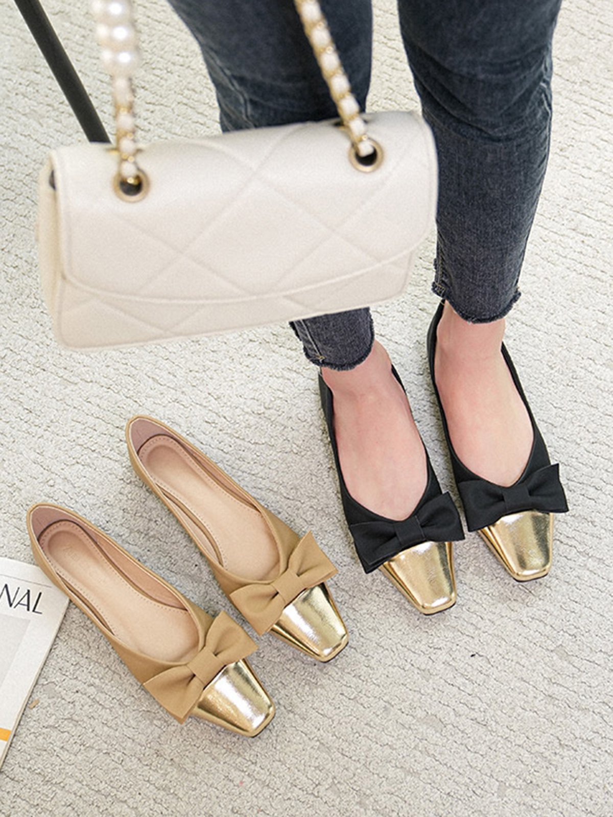 Elegant Bowknot Color-block Shallow Shoes