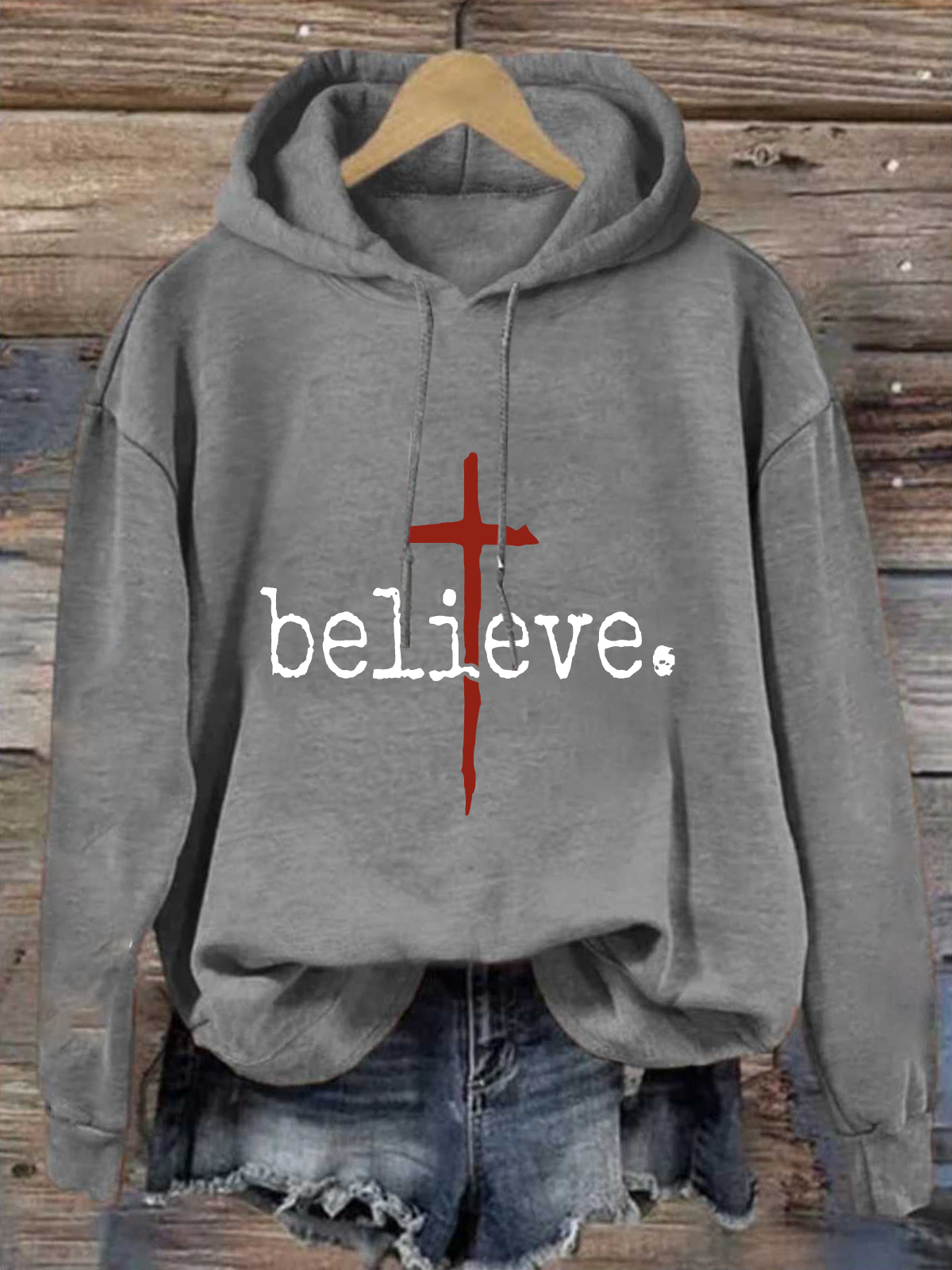 Cross Believe Loose Cotton-Blend Casual Hoodie