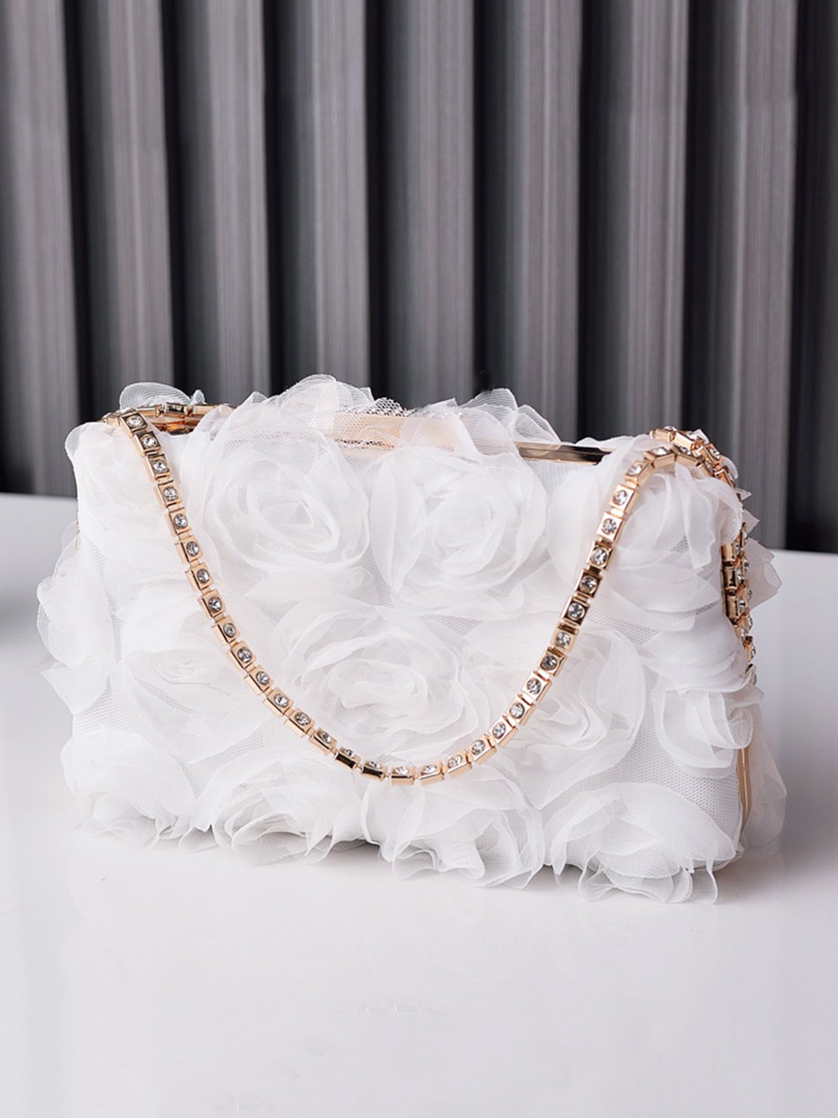 Elegant Mesh Rose Applique Clutch Bag with Rhinestone Handle