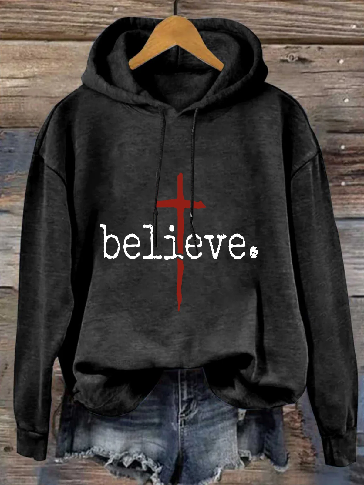 Cross Believe Loose Cotton-Blend Casual Hoodie