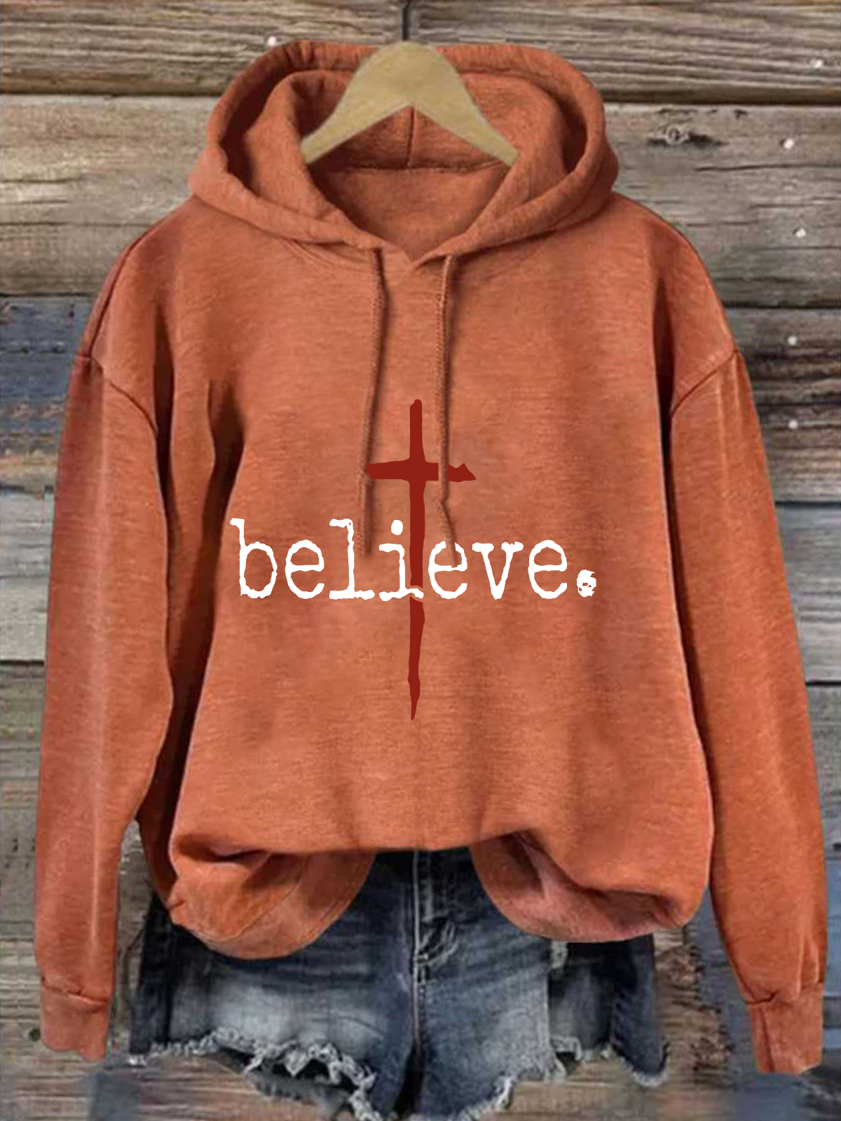 Cross Believe Loose Cotton-Blend Casual Hoodie