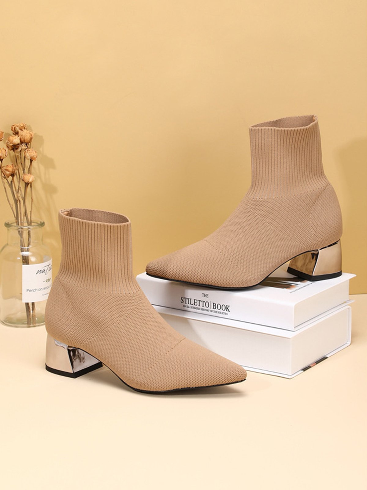 Minimalist Breathable Mesh Fabric Chunky Heel Sock Boots