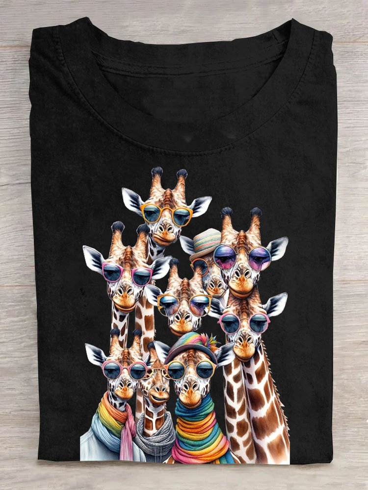 Funny Overlapping Sunglasses Giraffe Printed Casual Crew Neck T-Shirt