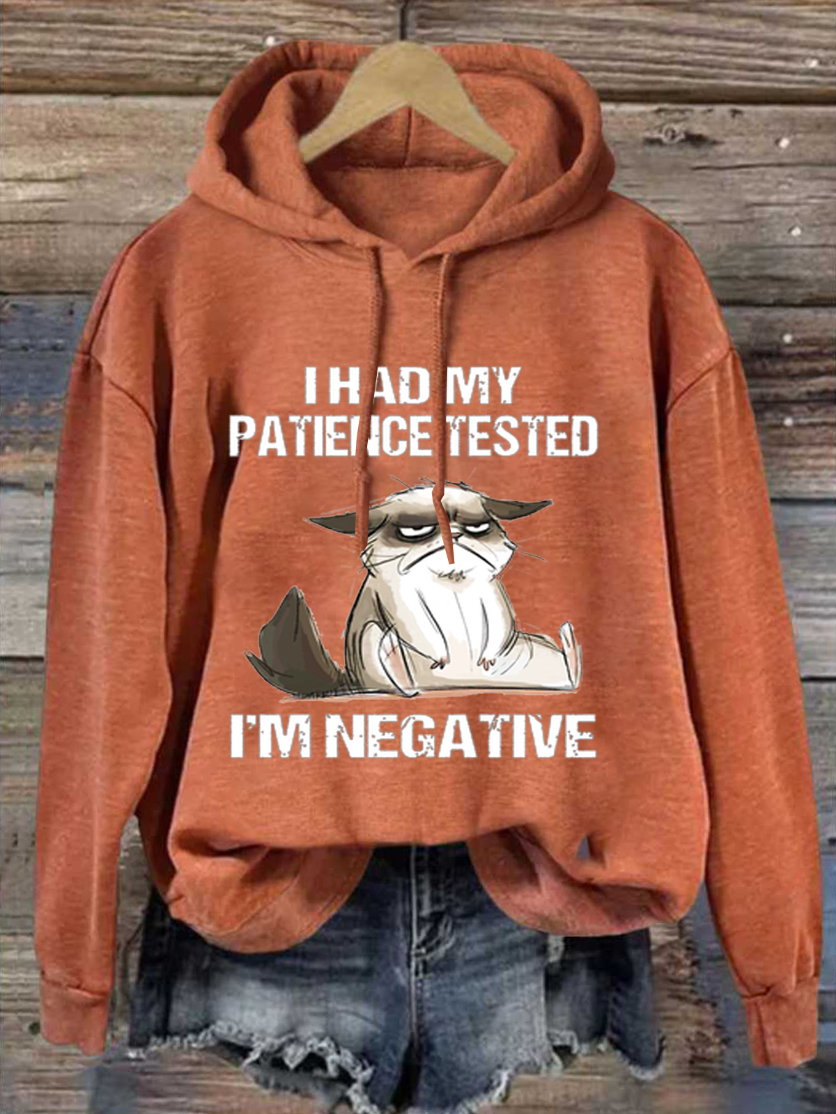 Womens I Had My Patience Tested I'm Negative Cat Funny Sarcasm Loose Text Letters Casual Hoodie