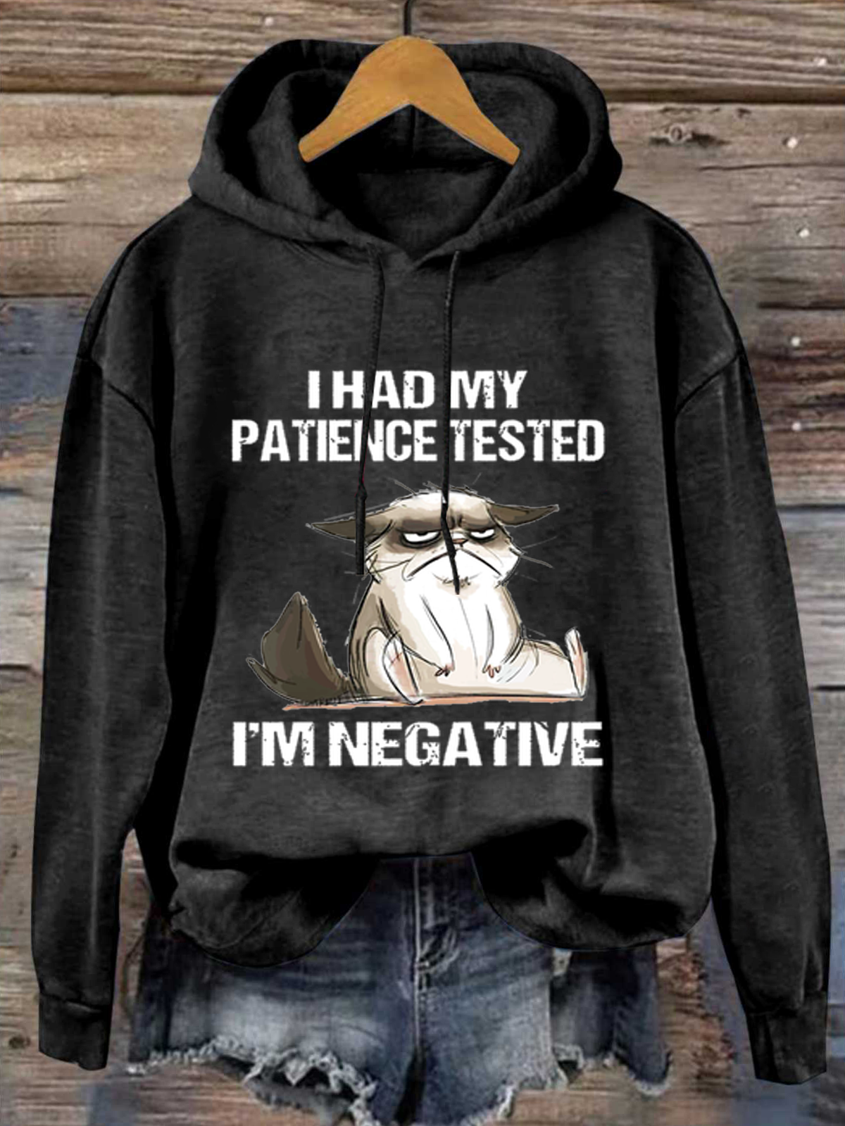 Womens I Had My Patience Tested I'm Negative Cat Funny Sarcasm Loose Text Letters Casual Hoodie