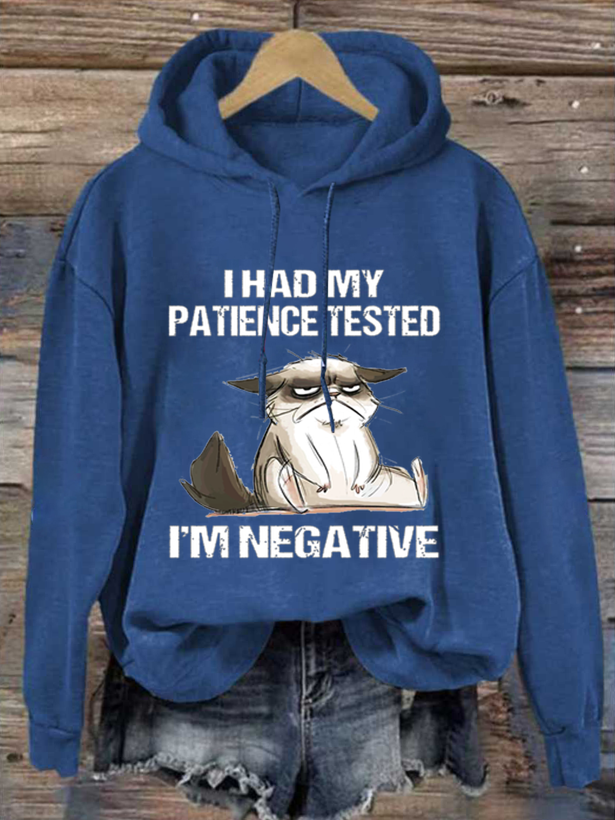 Womens I Had My Patience Tested I'm Negative Cat Funny Sarcasm Loose Text Letters Casual Hoodie
