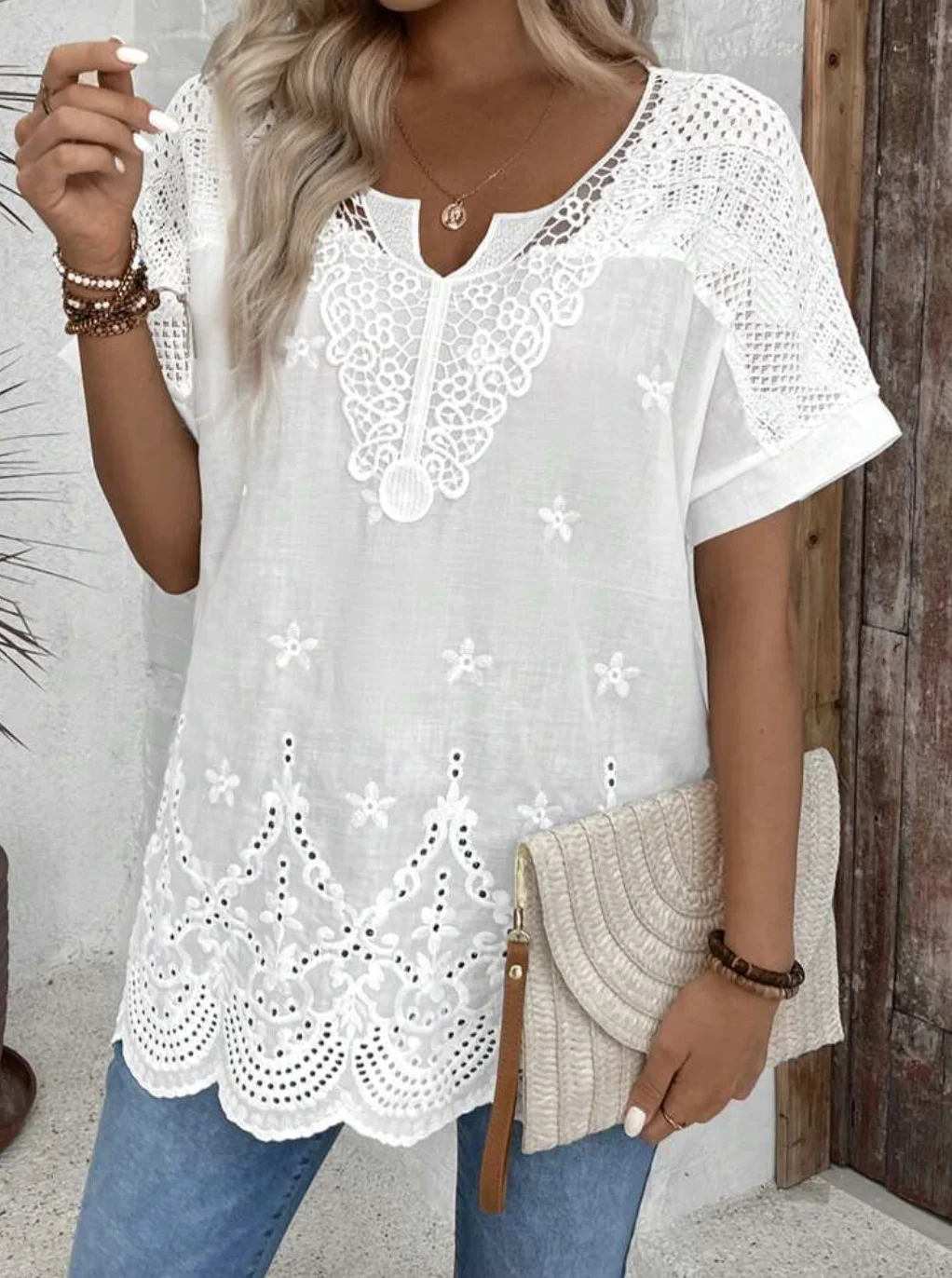 V Neck Cotton Loose Casual Blouse With No