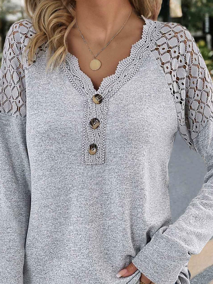 Casual Lace Loose V Neck Blouse With No