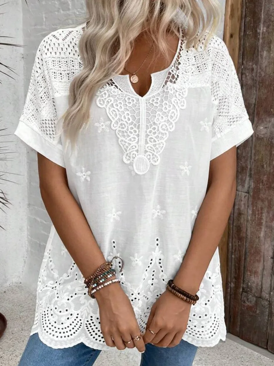 V Neck Cotton Loose Casual Blouse With No