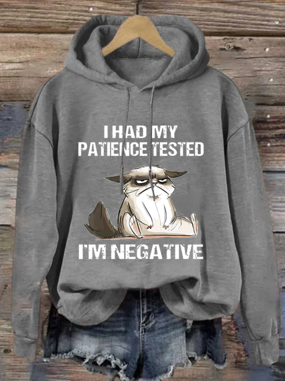 Womens I Had My Patience Tested I'm Negative Cat Funny Sarcasm Loose Text Letters Casual Hoodie