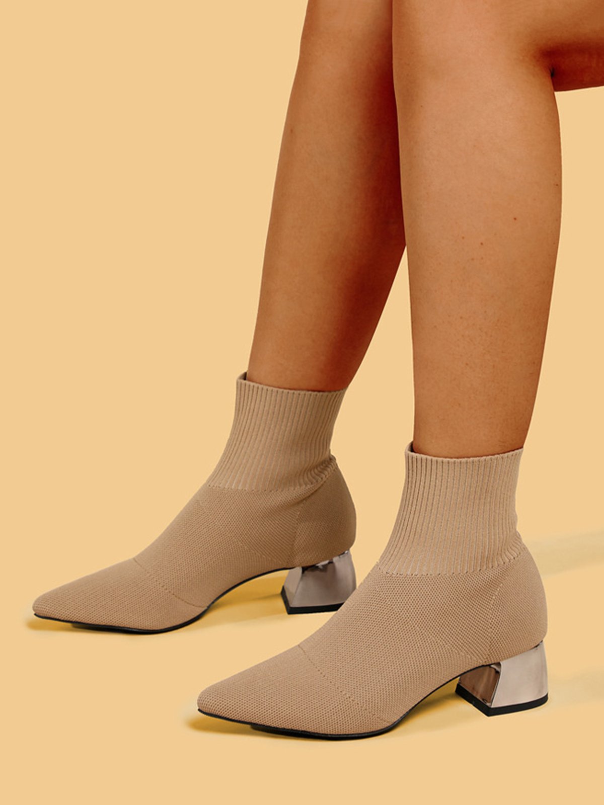 Minimalist Breathable Mesh Fabric Chunky Heel Sock Boots