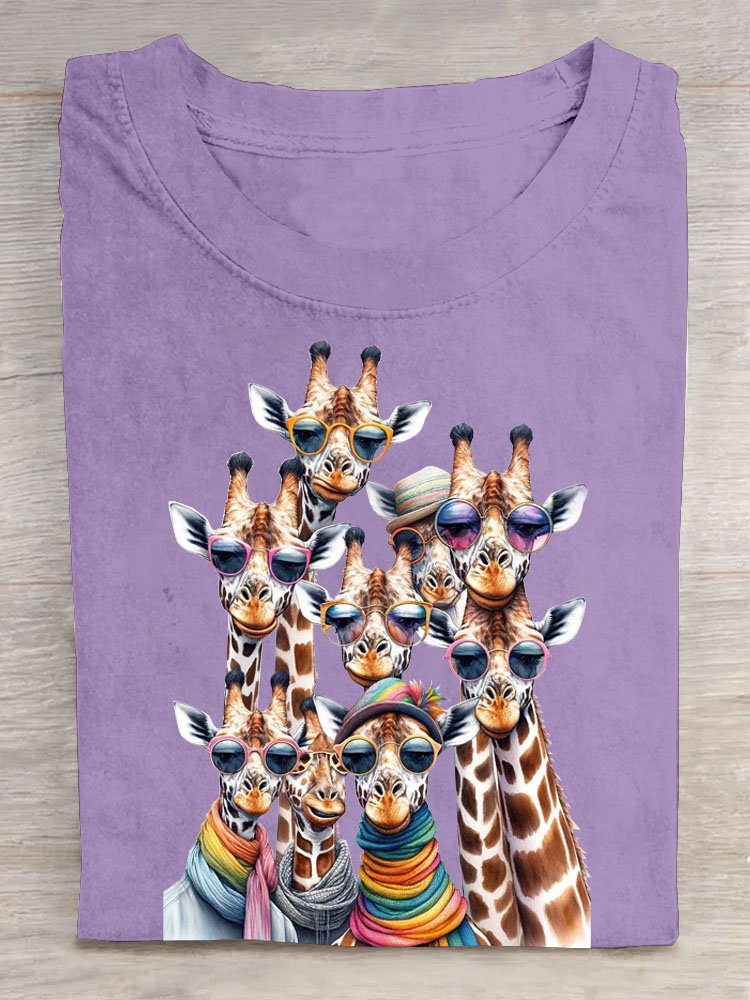 Funny Overlapping Sunglasses Giraffe Printed Casual Crew Neck T-Shirt