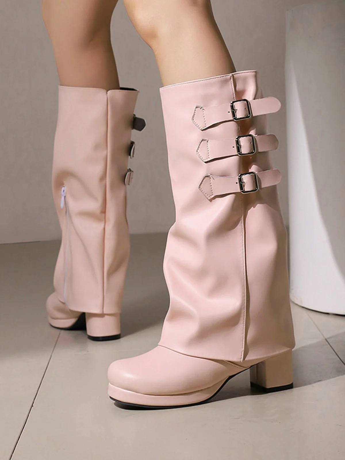 Buckle Fold Block Heel Mid-calf Boots