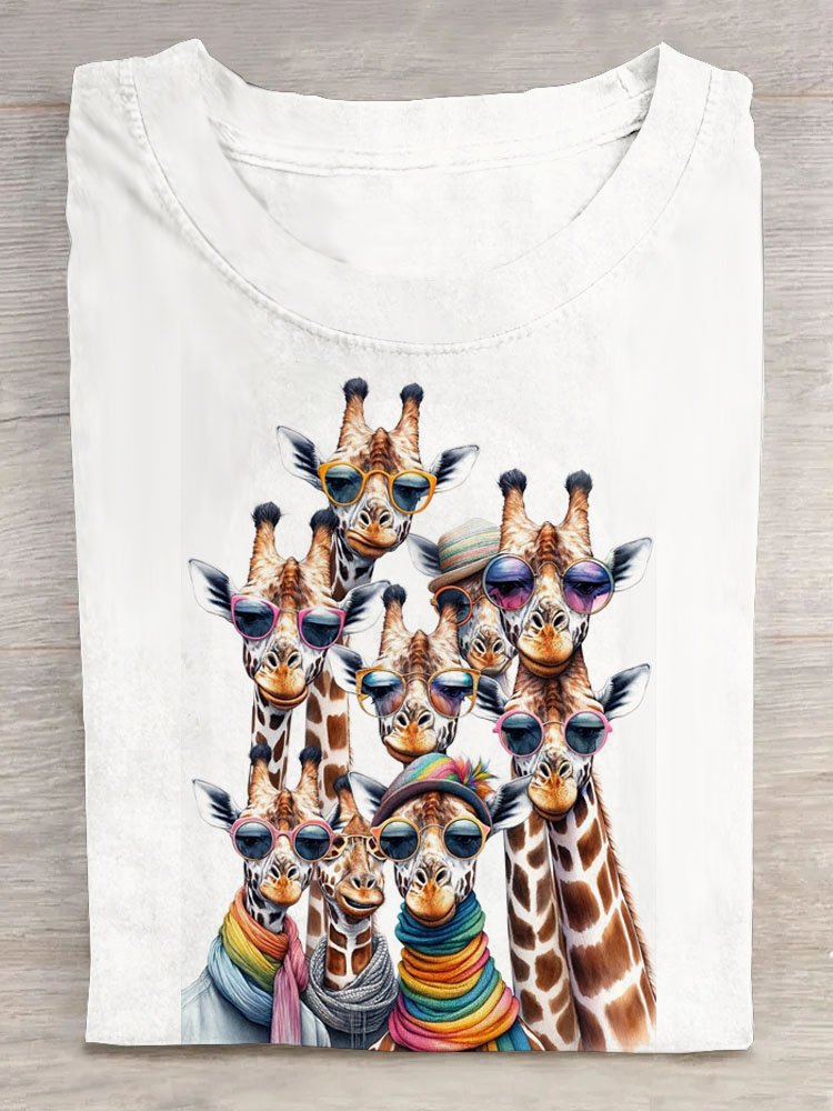 Funny Overlapping Sunglasses Giraffe Printed Casual Crew Neck T-Shirt