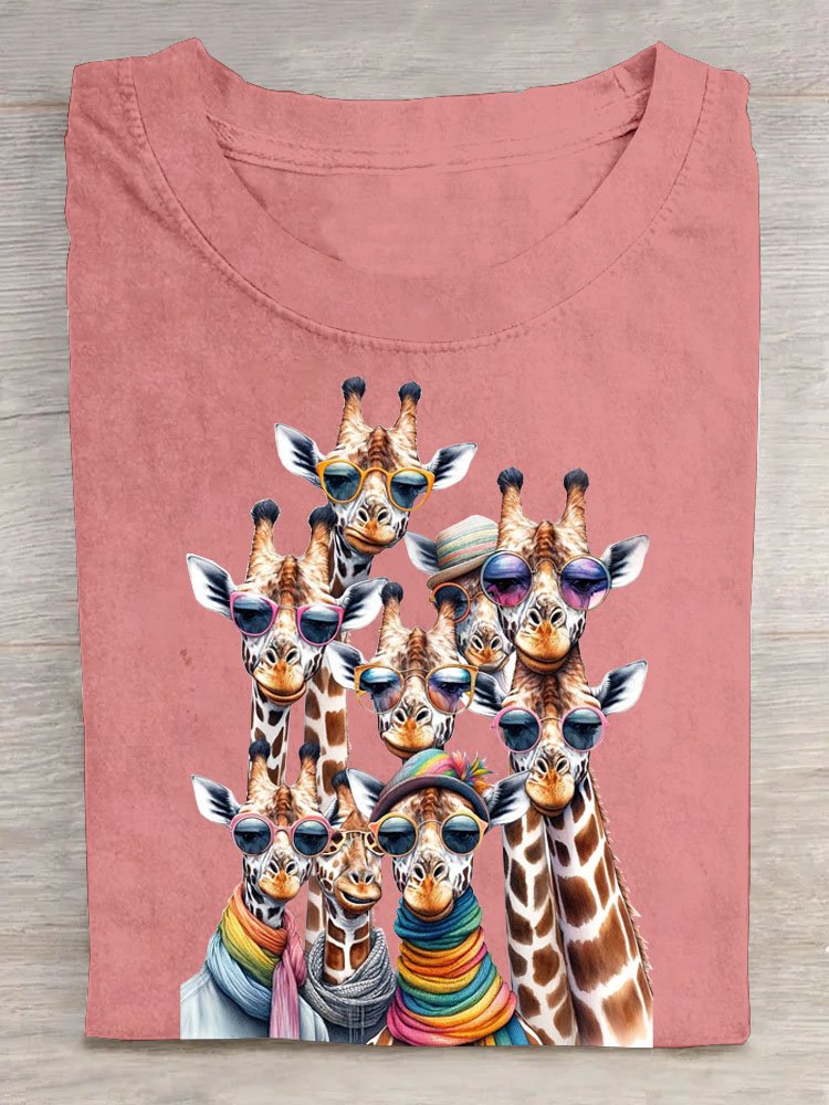 Funny Overlapping Sunglasses Giraffe Printed Casual Crew Neck T-Shirt