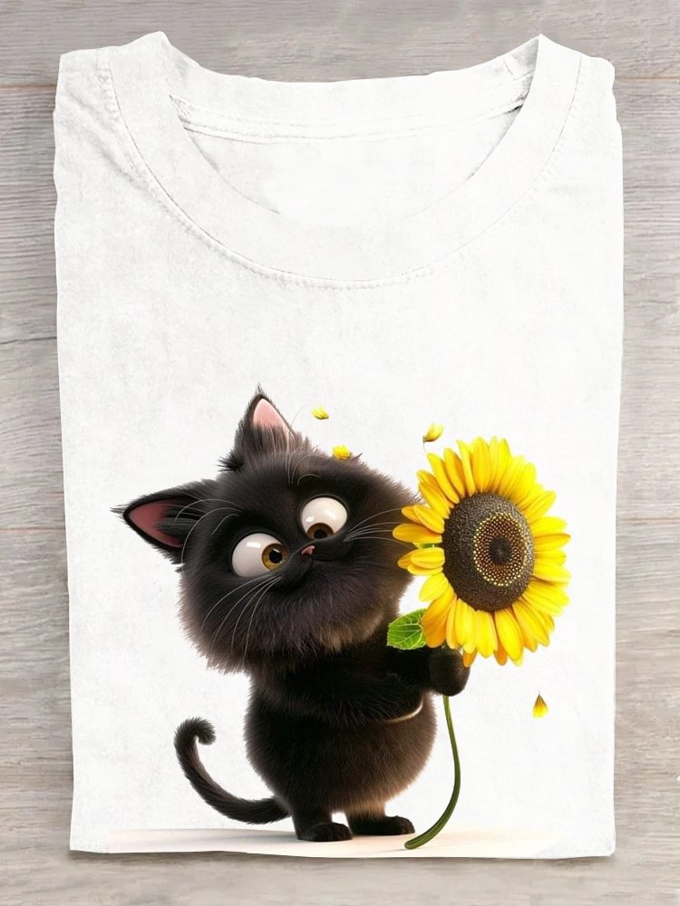 Loose Casual Cat Crew Neck T-Shirt