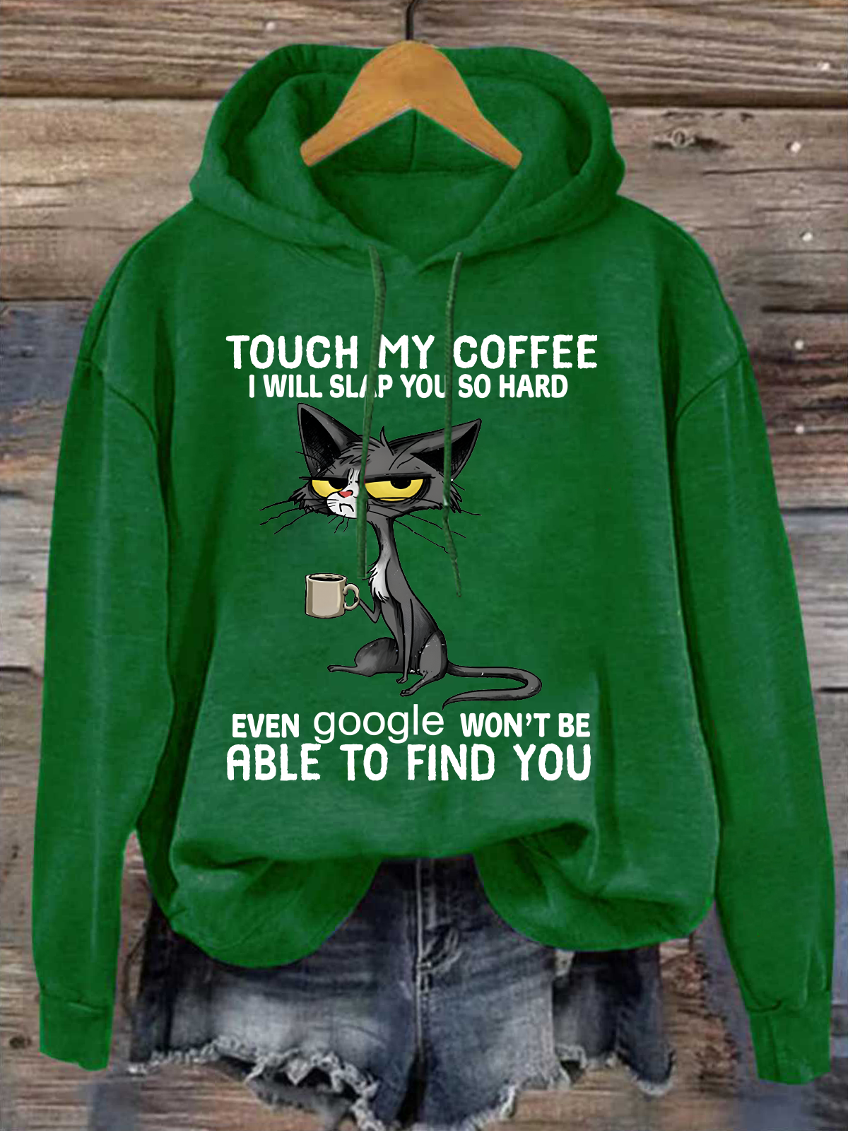 Womens Cat Drinking Coffee Touch My Coffee I Will Slap You So Hard Letters Casual Loose Hoodie