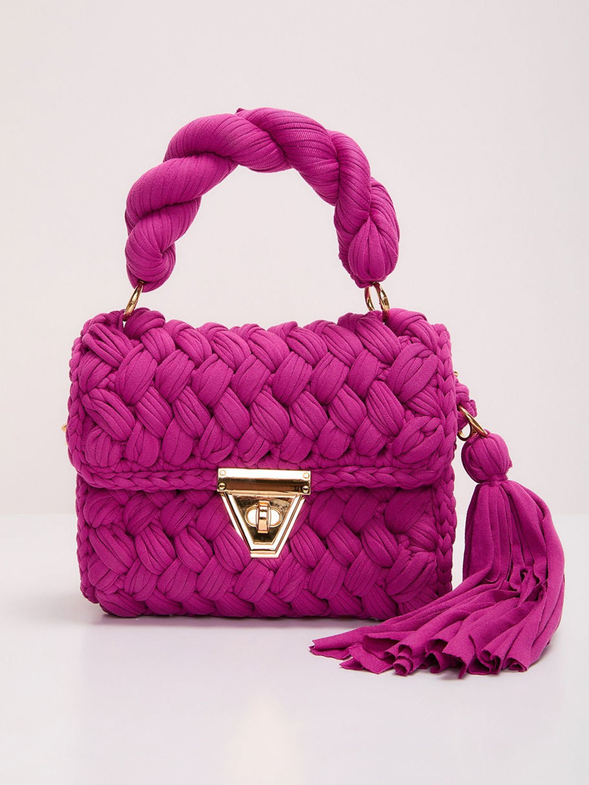 Handmade Braided Top Handle Bag with Removable Metal Chain Strap