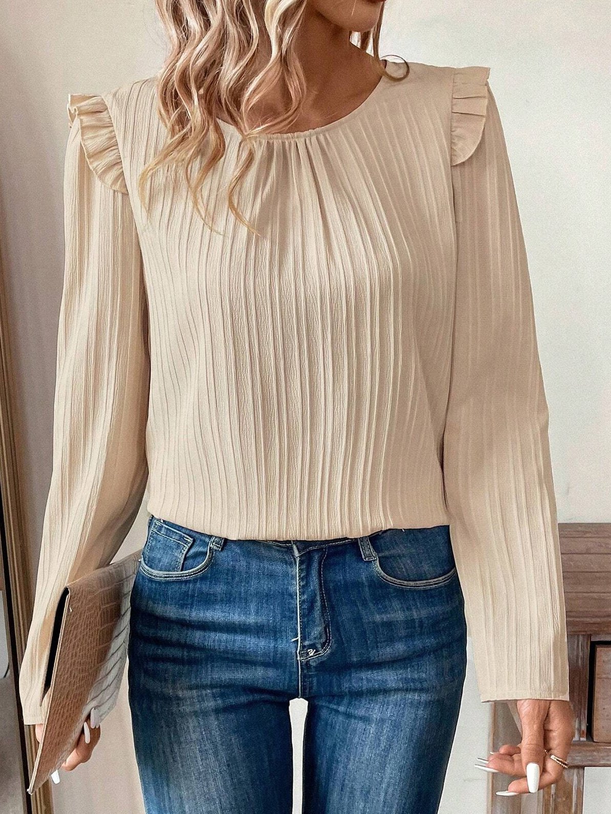 Plain Casual Crew Neck Buckle Blouse