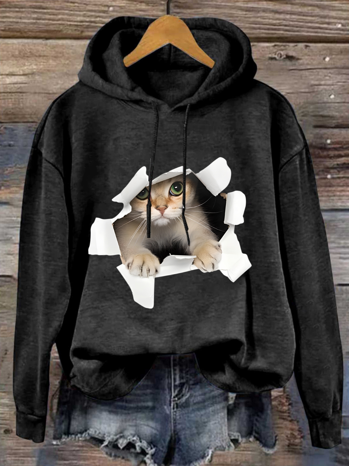 Funny 3D Cat  Loose Cotton-Blend Text Letters Casual Hoodie