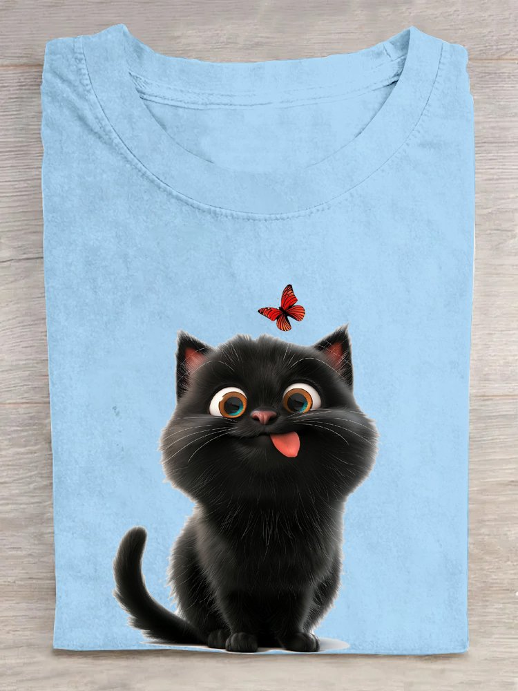 Crew Neck Loose Cat Casual T-Shirt