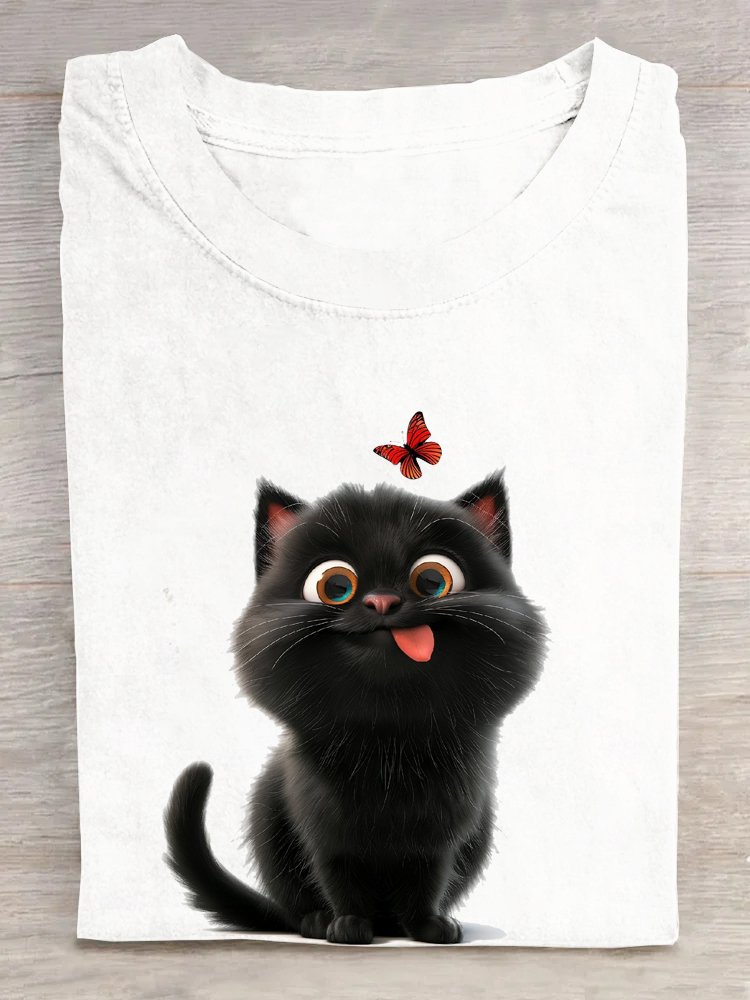 Crew Neck Loose Cat Casual T-Shirt