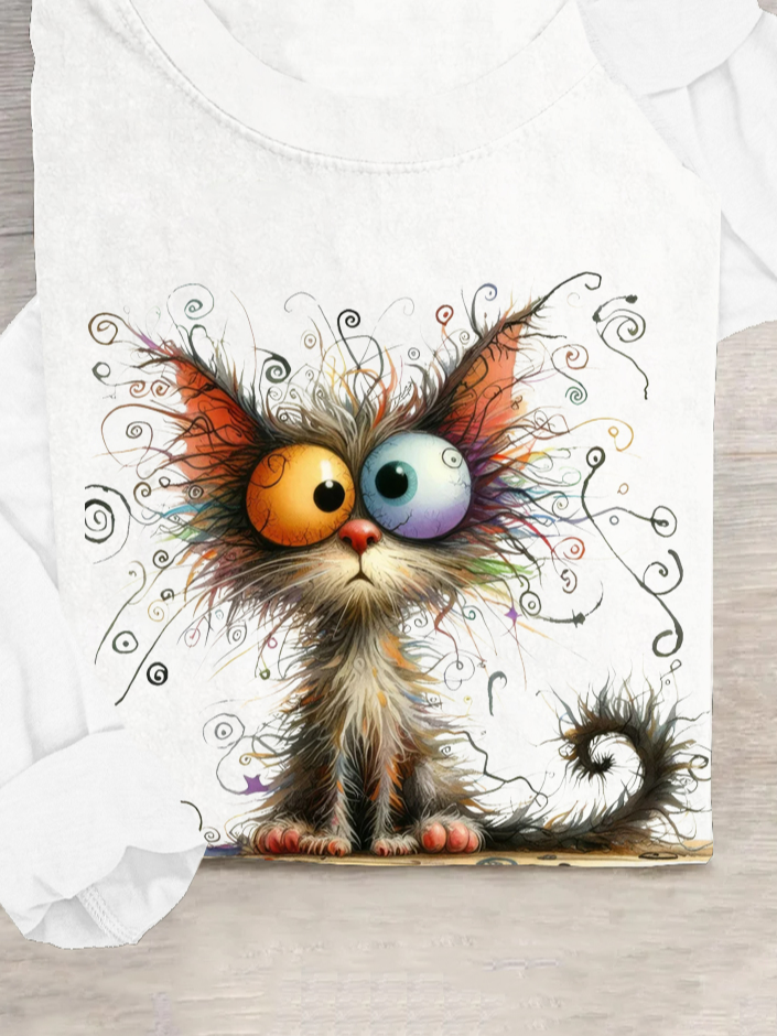 Casual Cotton-Blend Cat T-Shirt