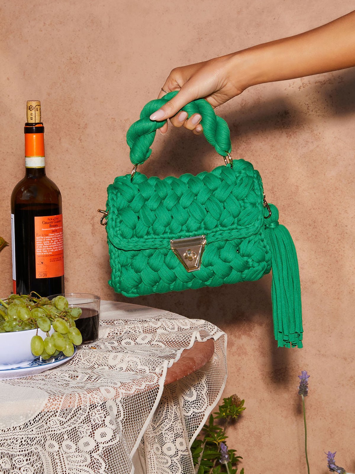 Handmade Braided Top Handle Bag with Removable Metal Chain Strap