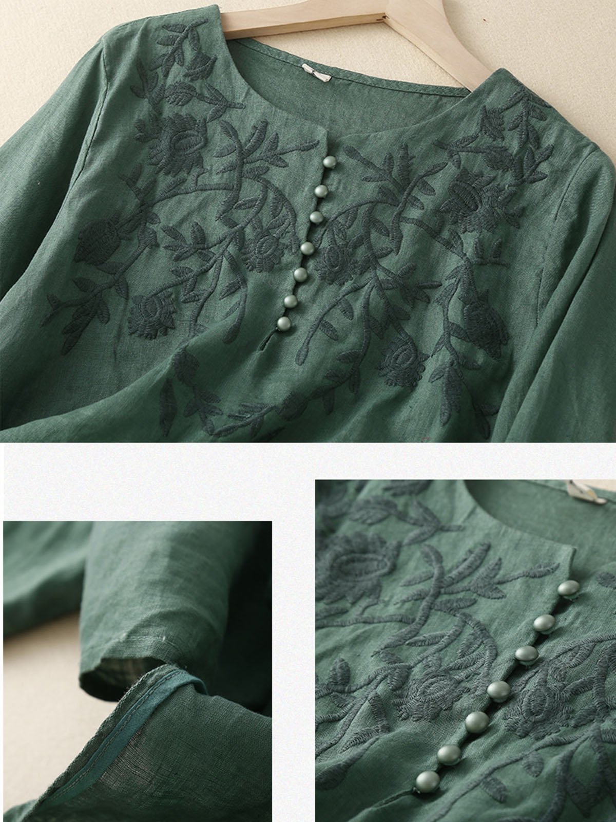 Shirt Collar Casual Embroidery Loose Blouse