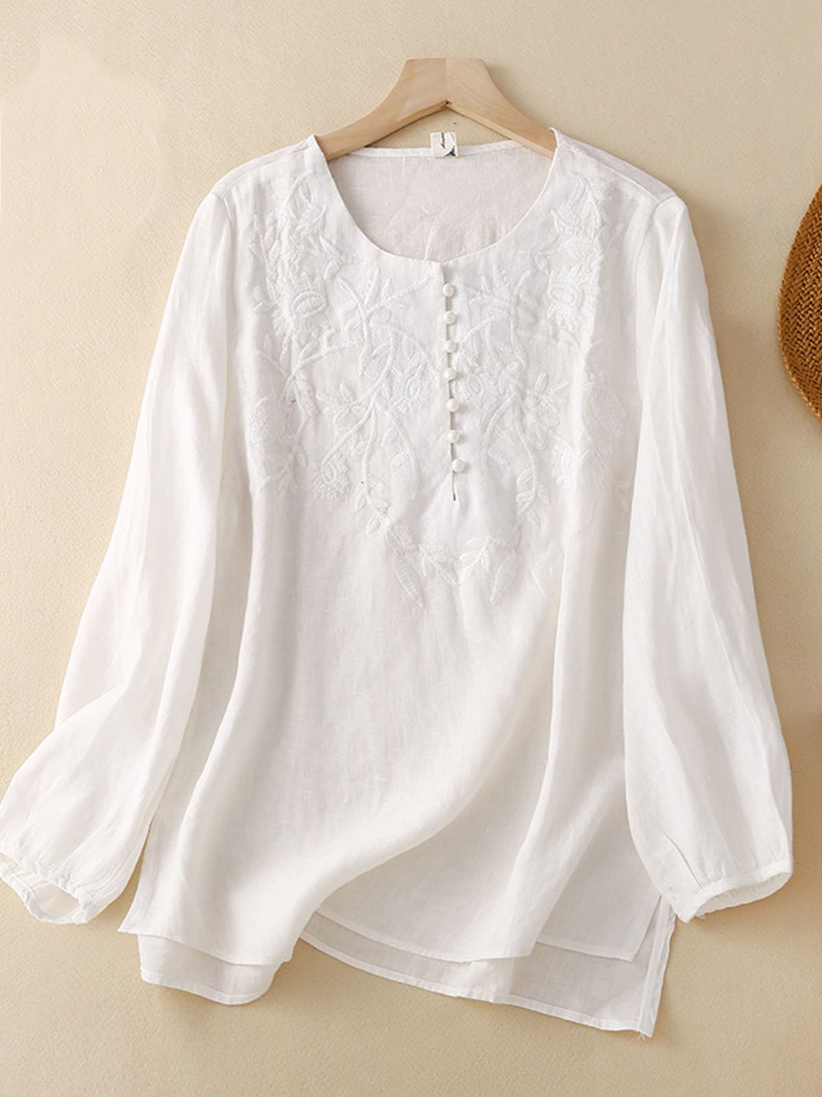 Shirt Collar Casual Embroidery Loose Blouse