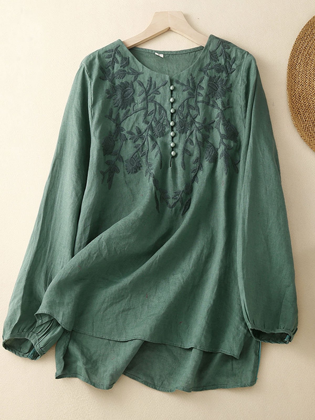 Shirt Collar Casual Embroidery Loose Blouse