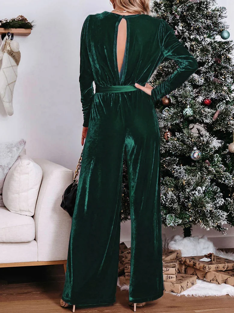 V Neck Velvet Casual Jumpsuit