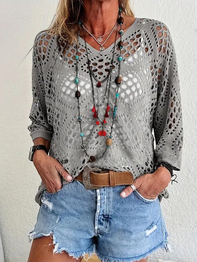 Yarn/Wool Yarn Loose Hollow Out Casual Blouse