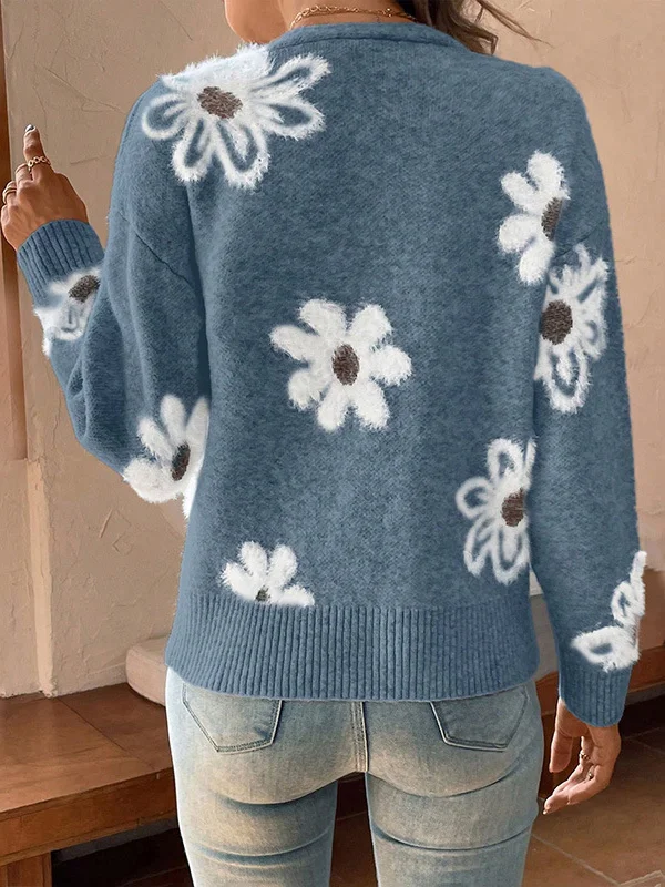 Yarn/Wool Yarn Floral Buckle Casual Cardigan