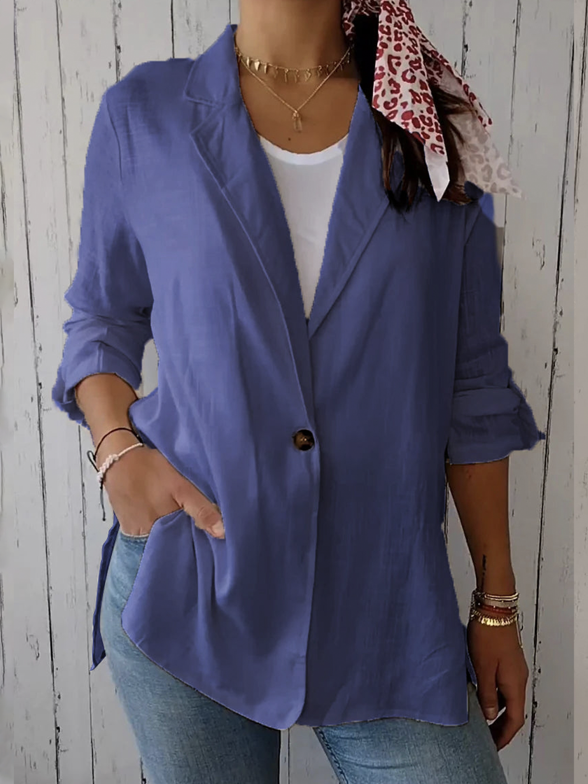 Lapel Collar Plain Casual Cotton Blazer