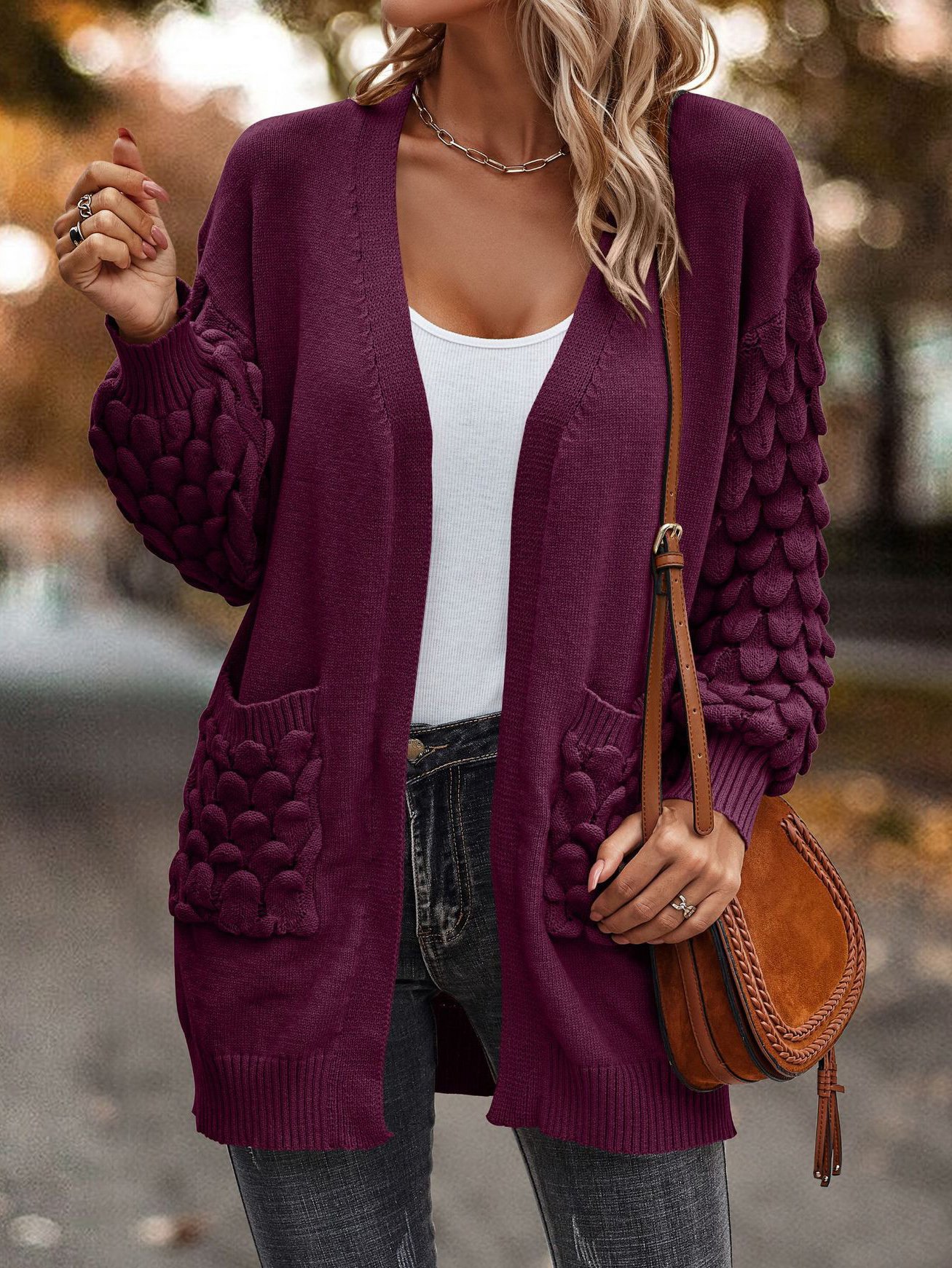 Casual Pocket Stitching Yarn/Wool Yarn Plain Cardigan