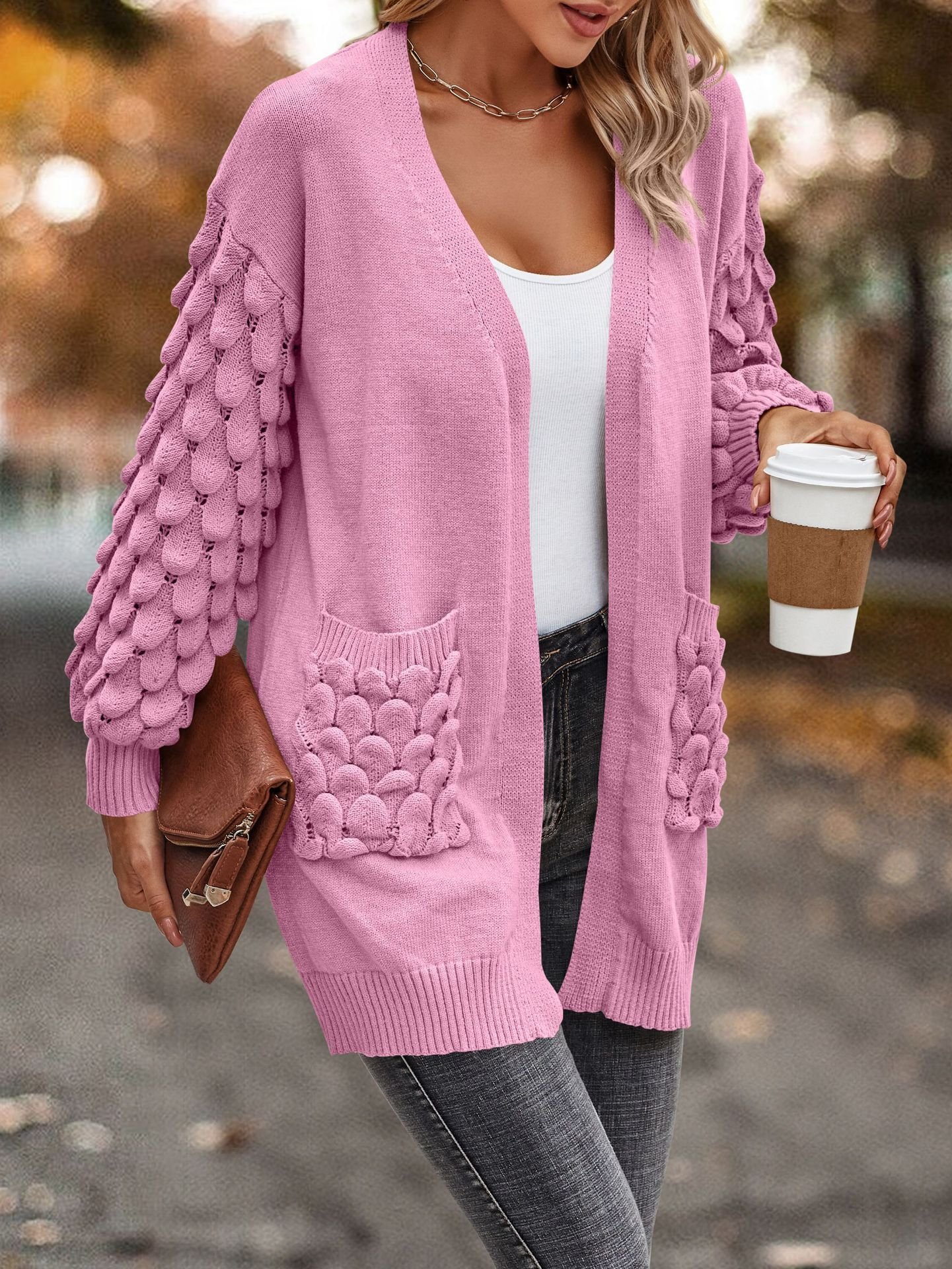 Casual Pocket Stitching Yarn/Wool Yarn Plain Cardigan