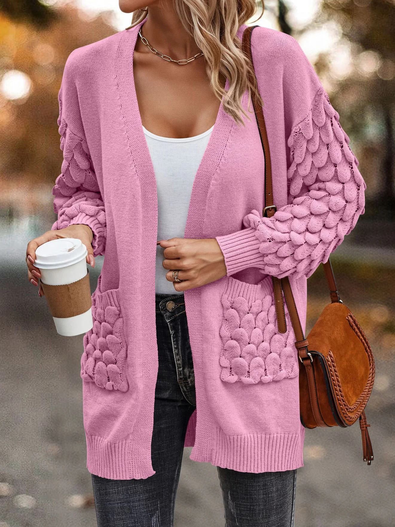 Casual Pocket Stitching Yarn/Wool Yarn Plain Cardigan