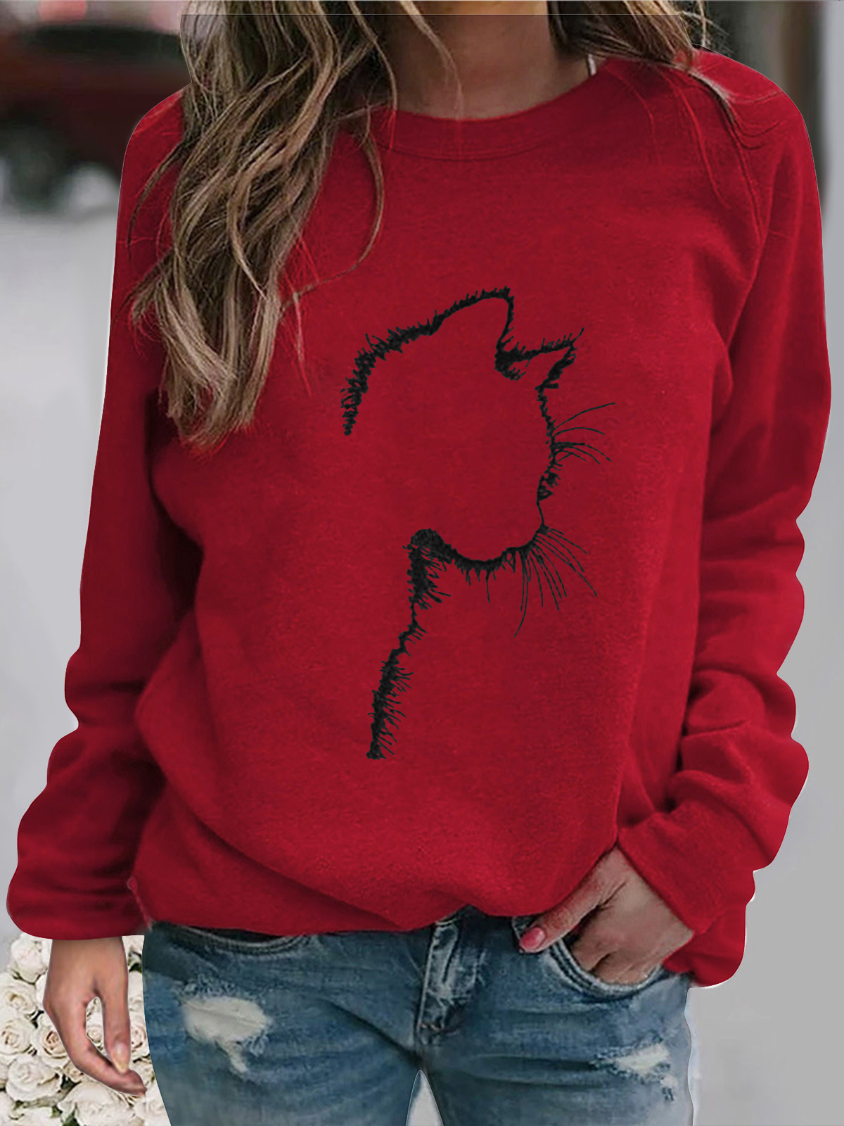 Crew Neck Loose Casual Cat Sweatshirt