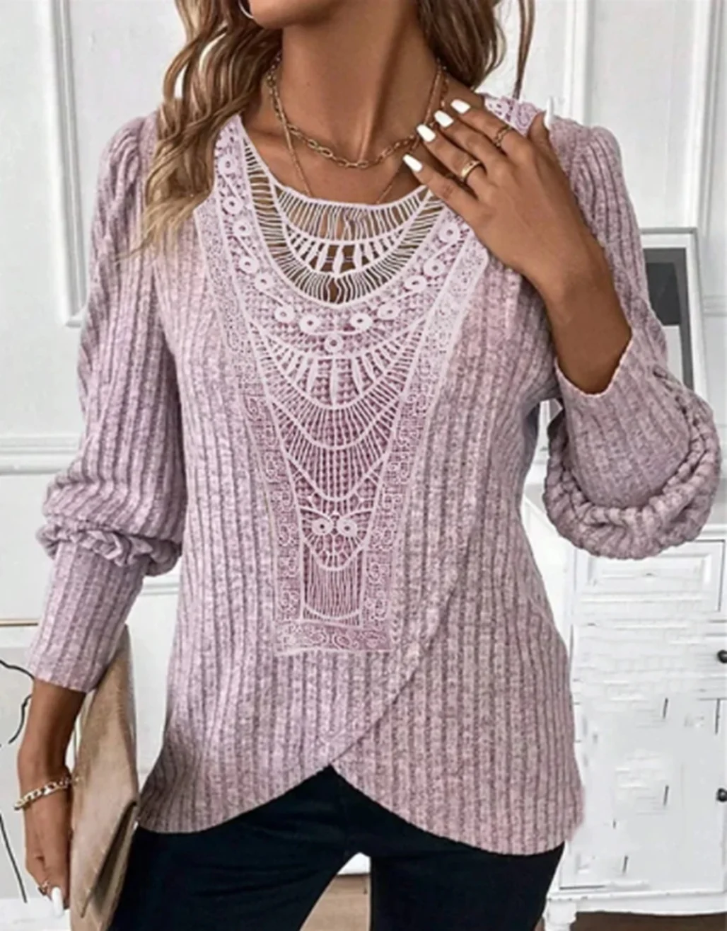 Plain Casual Daily Lace  Blouse With No