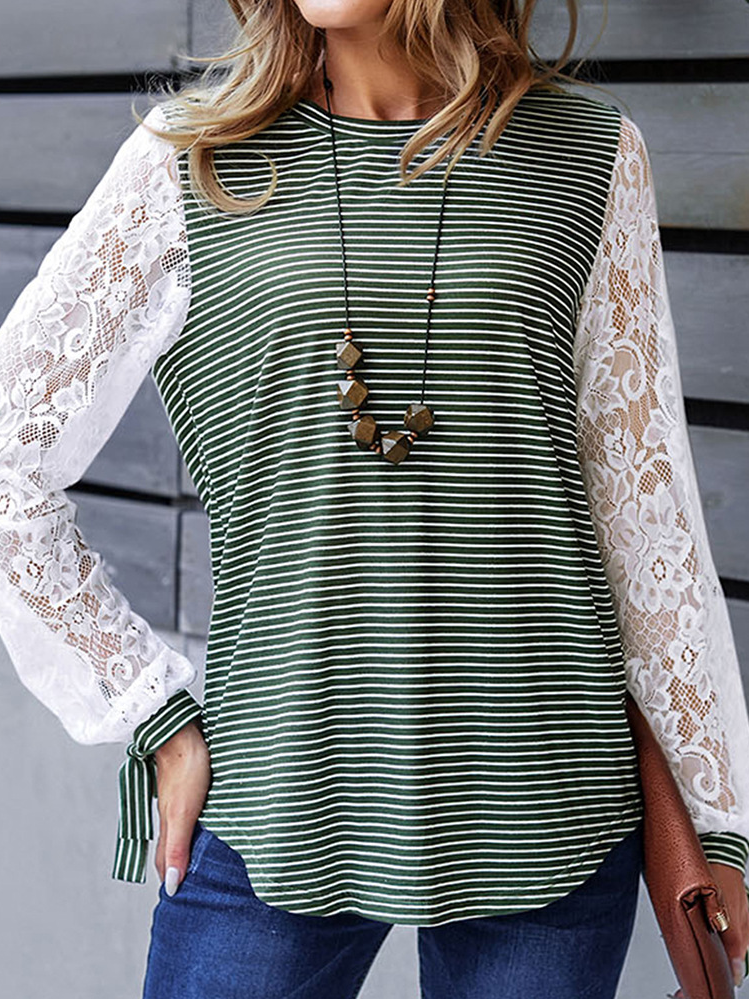 Casual Lace Striped Blouse With No