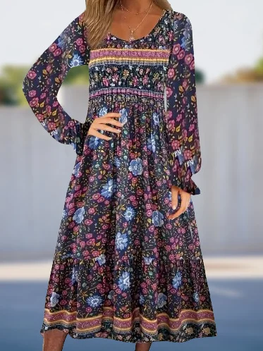 Crew Neck Floral Casual Dress With No