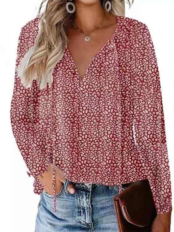 Loose Casual Ditsy Floral V Neck Blouse