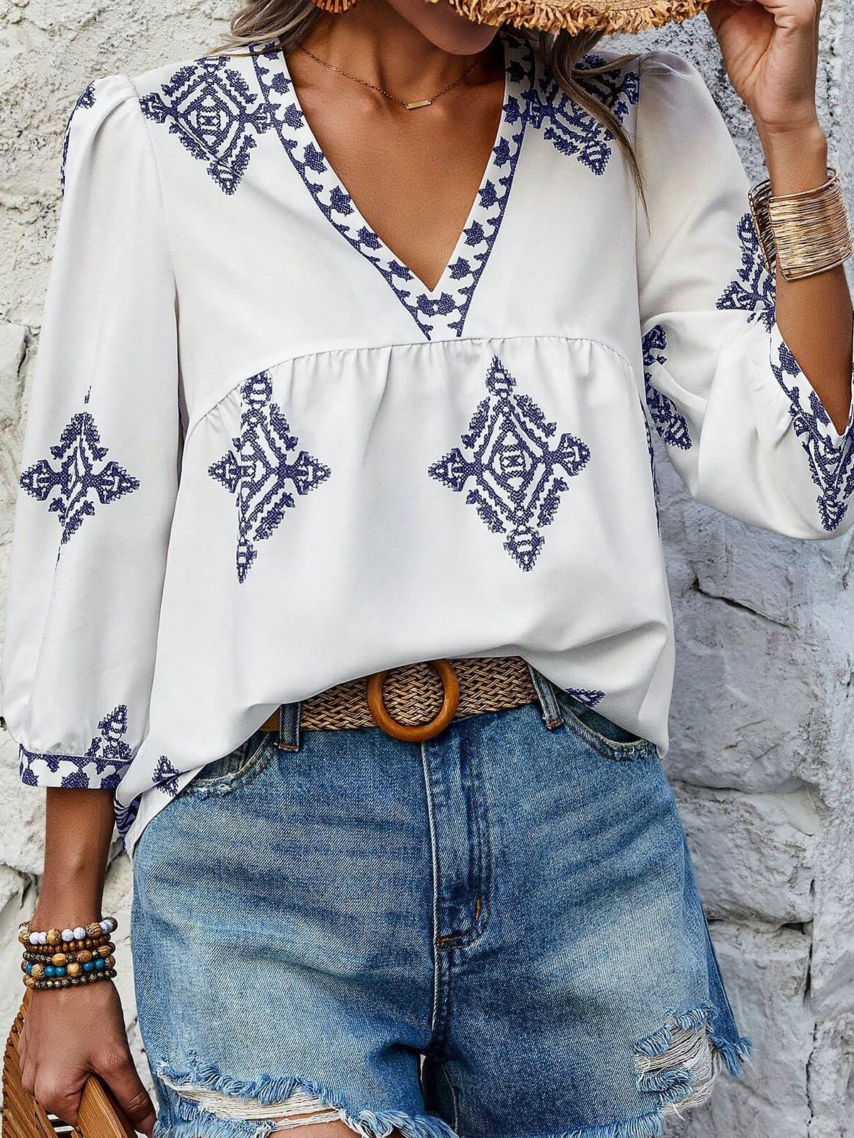 Ethnic Casual V Neck Loose Blouse