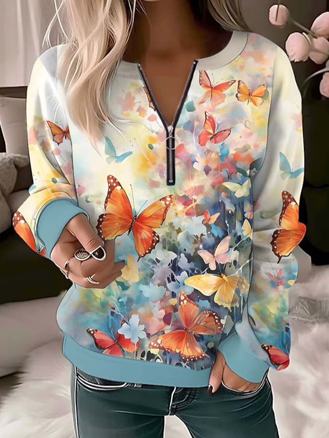 Casual Zipper Floral Sweatshirt