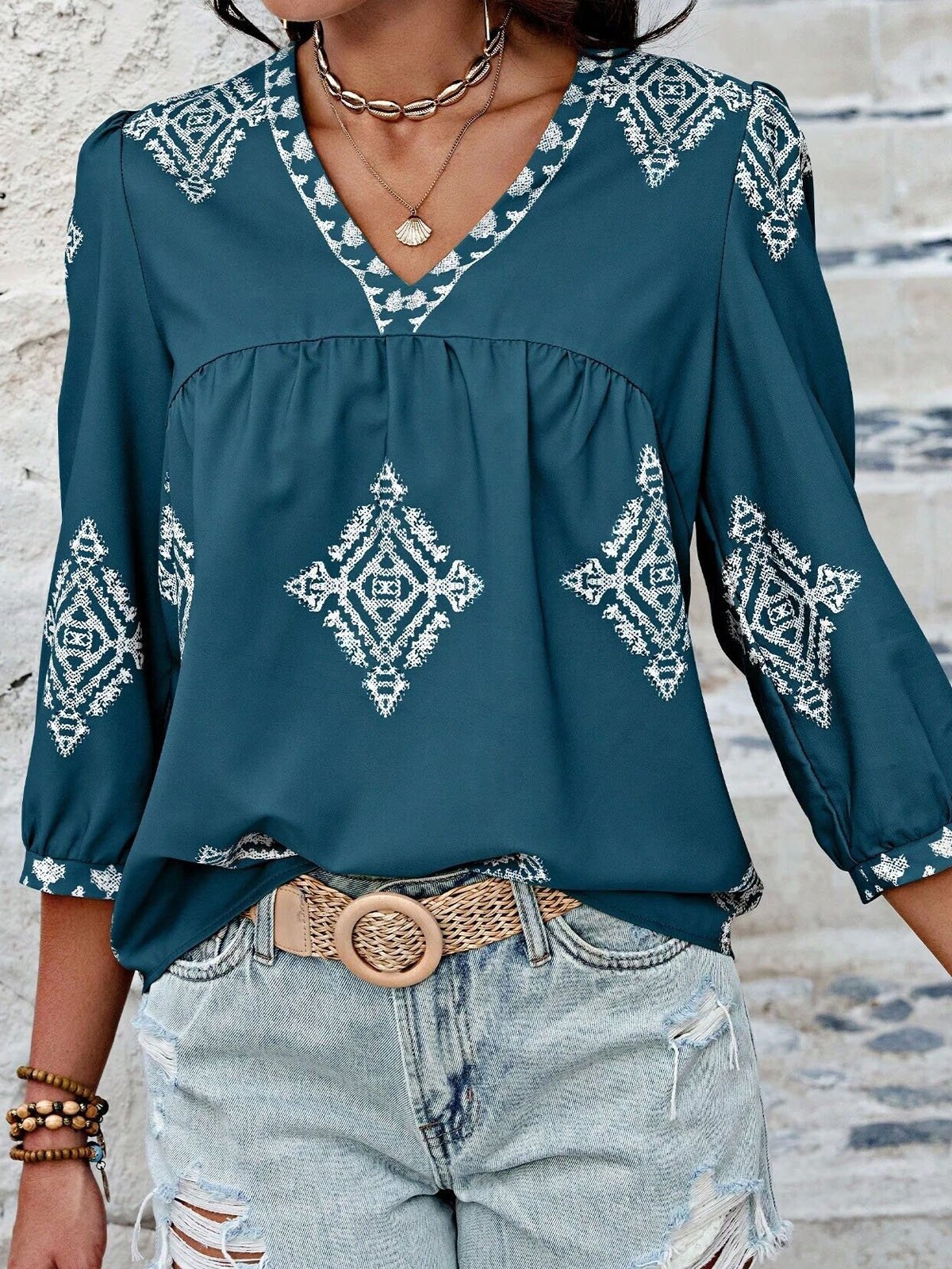 Ethnic Casual V Neck Loose Blouse