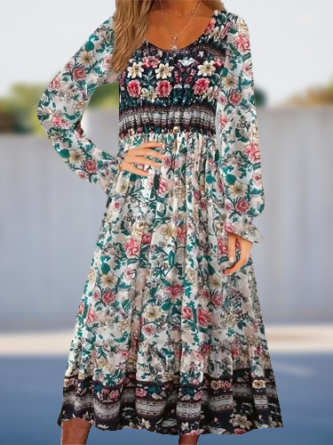 Crew Neck Floral Casual Dress With No